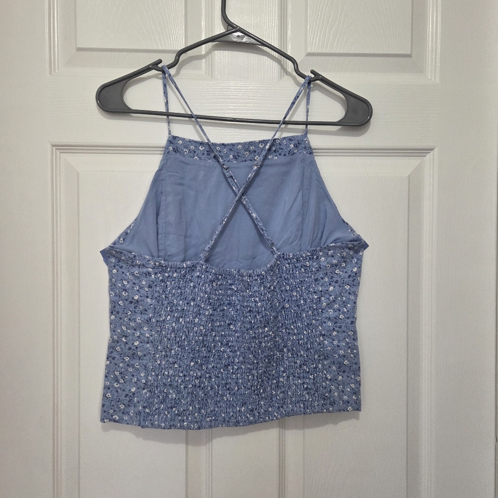 Abercrombie & Fitch Blue White Ditsy Floral Smocked Crop Linen Tank Top Sz Large - Picture 2 of 7